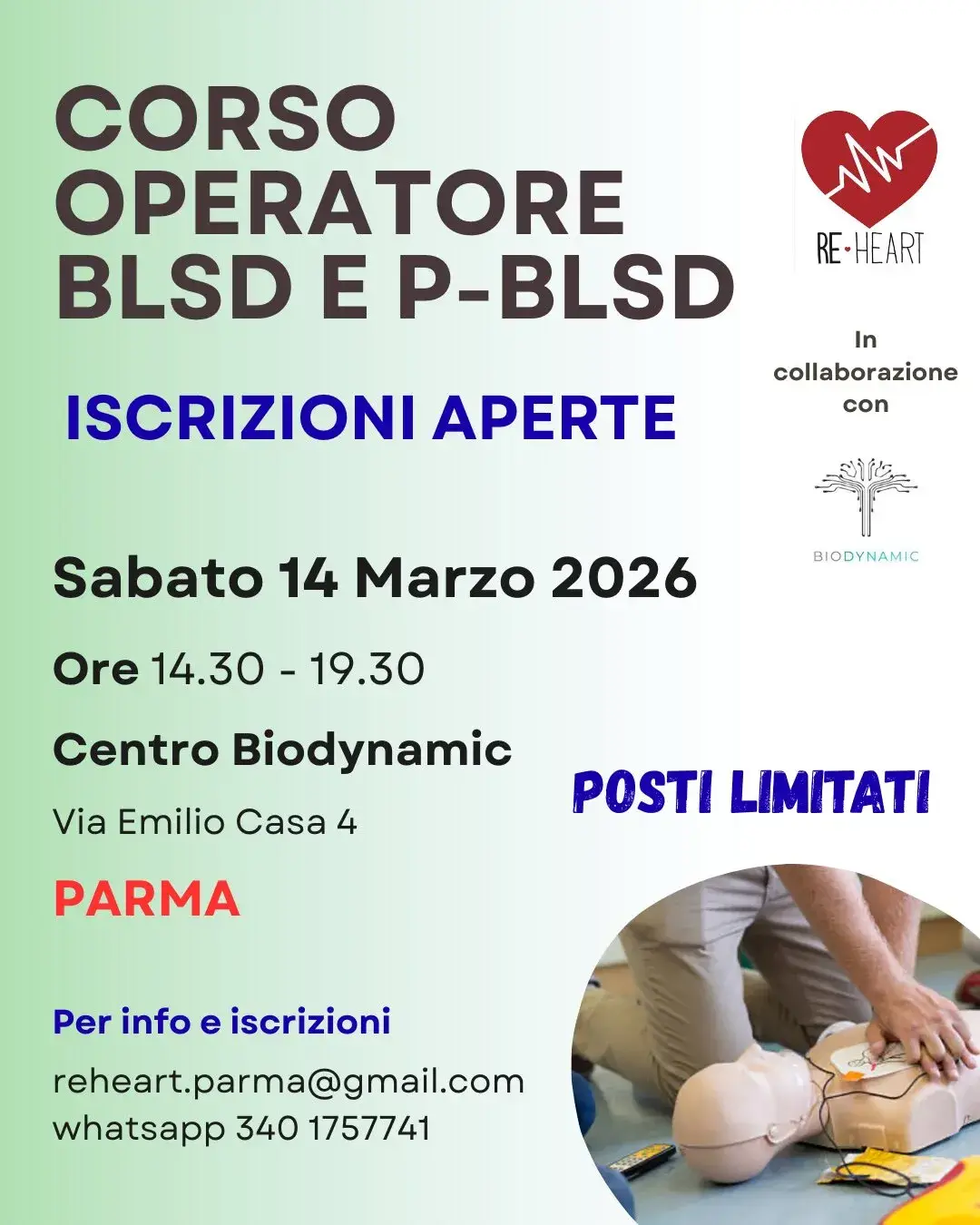 Corso BLSD e PBLSD 14 Marzo 2026 a Parma presso Centro Biodynamic