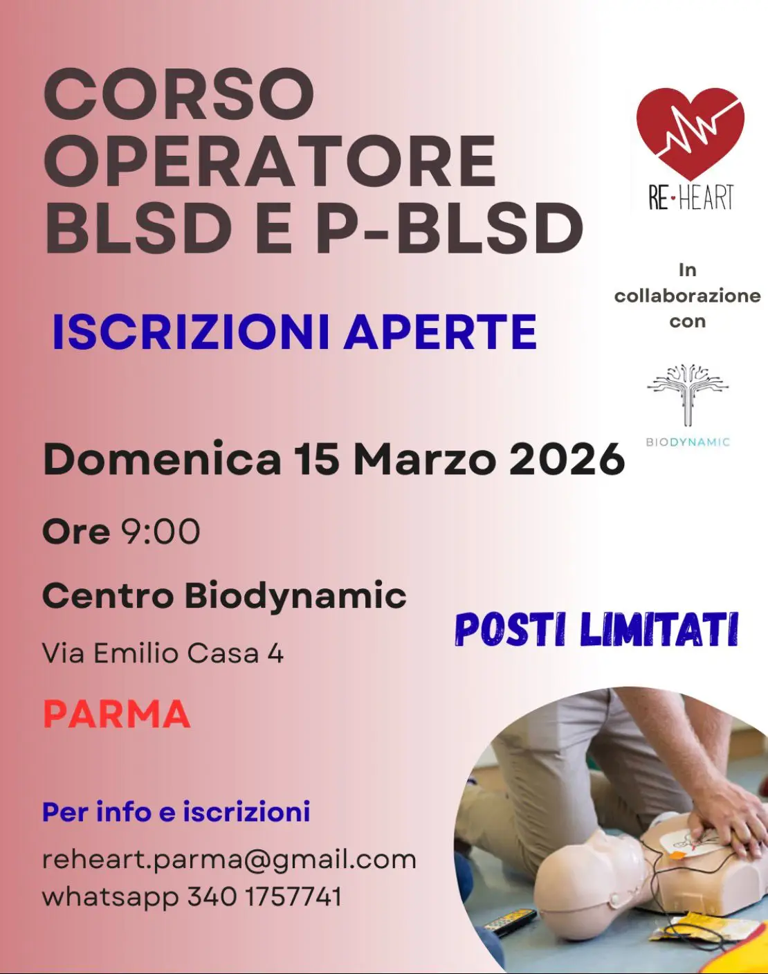 Corso BLSD e PBLSD 15 Marzo 2026 a Parma presso Centro Biodynamic
