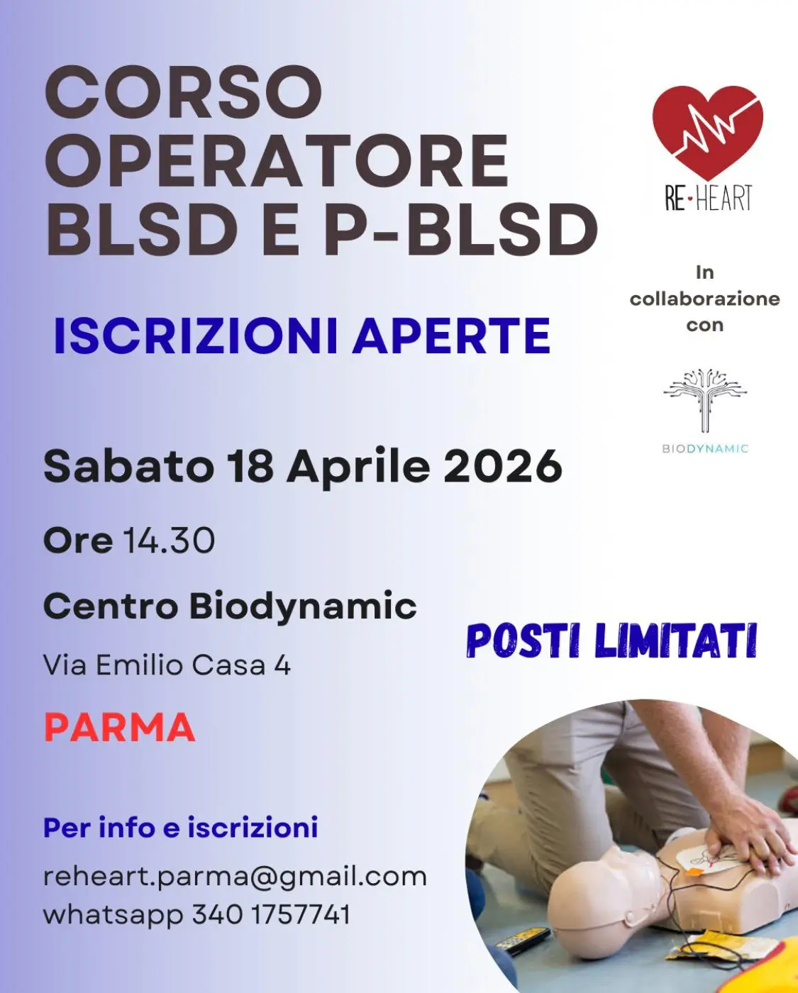 Corso BLSD e PBLSD 18 Aprile 2026 a Parma presso Centro Biodynamic
