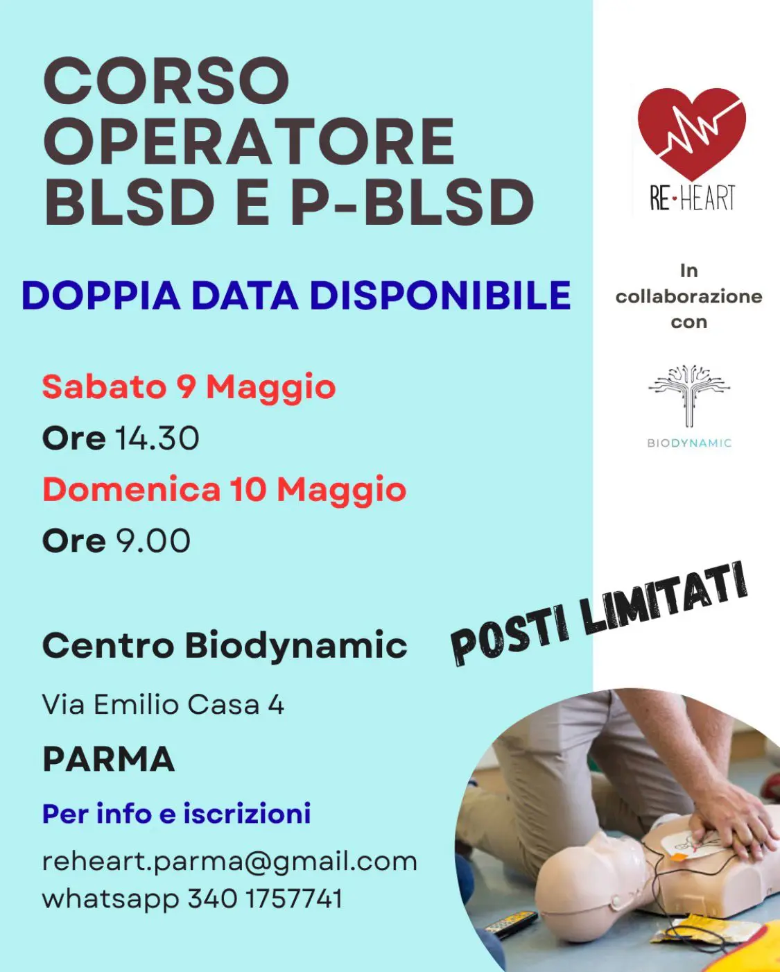 Corso BLSD e PBLSD 9 e 10 Maggio 2026 a Parma presso Centro Biodynamic