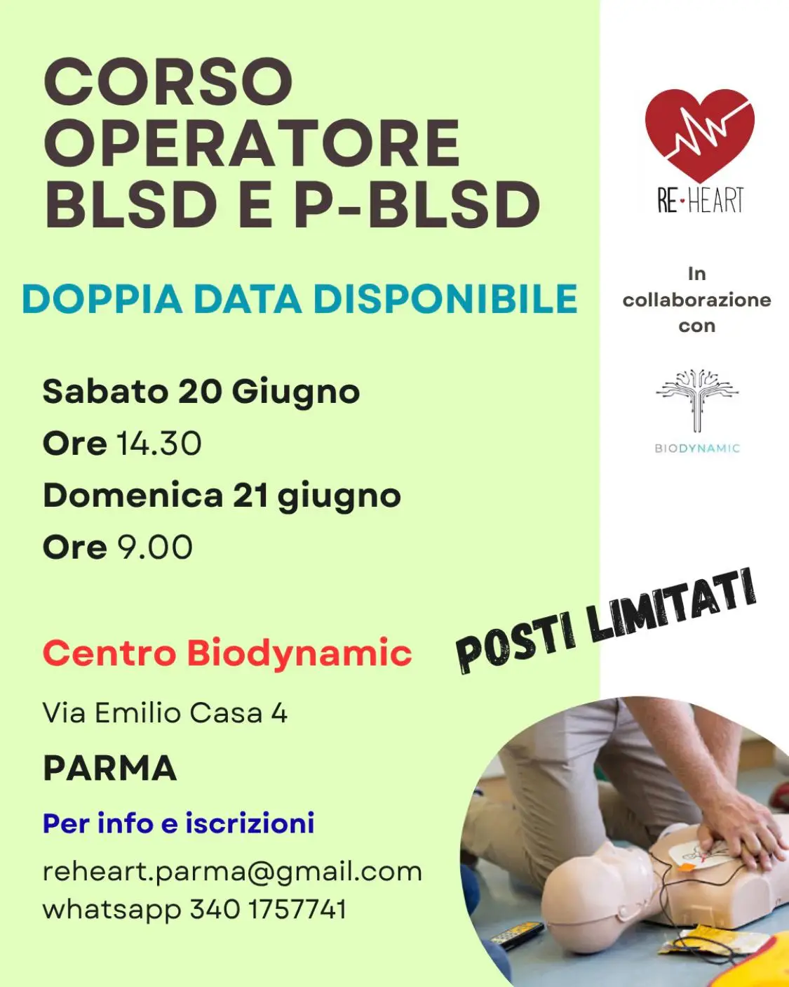 Corso BLSD e PBLSD 20 e 21 Giugno 2026 a Parma presso Centro Biodynamic