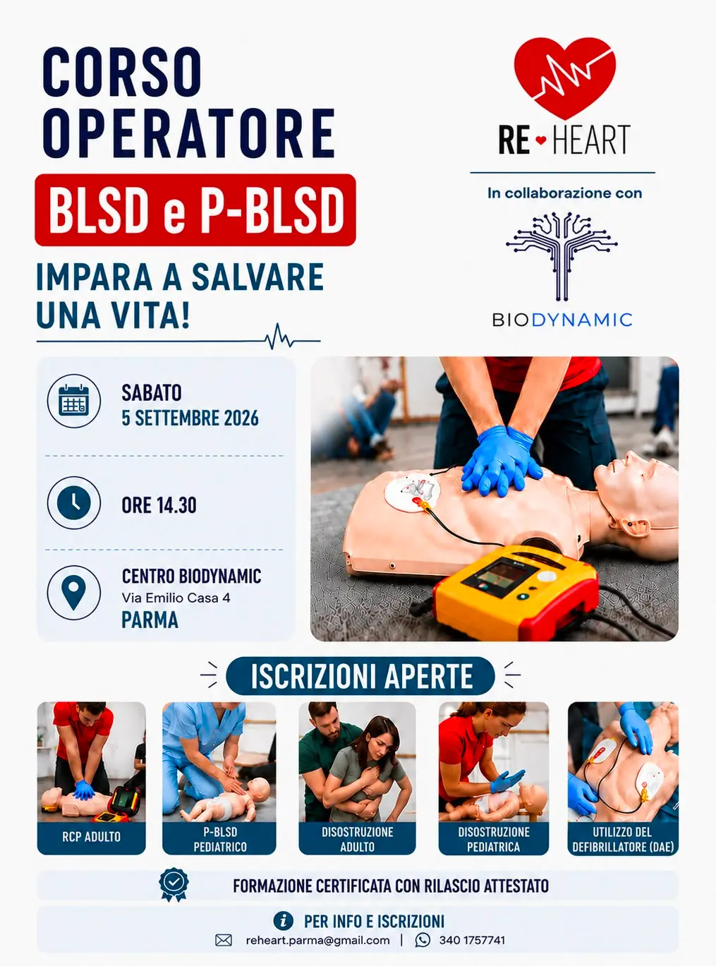 Corso BLSD e PBLSD 5 Settembre 2026 a Parma presso Centro Biodynamic