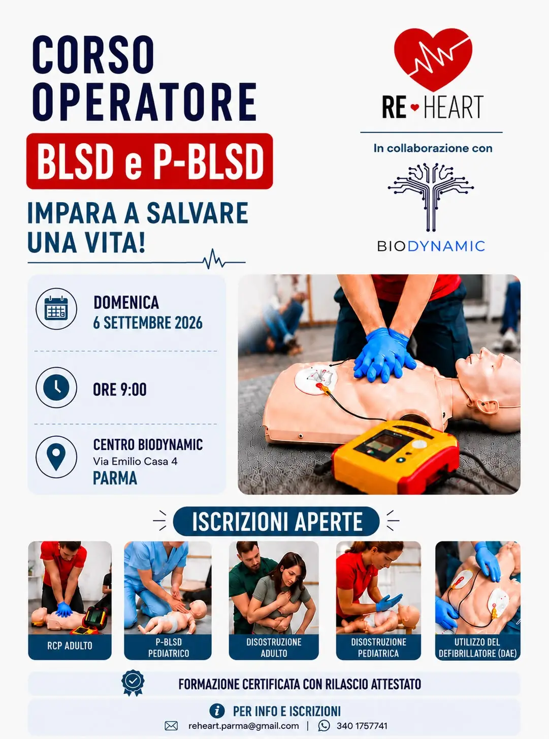 Corso BLSD e PBLSD 6 Settembre 2026 a Parma presso Centro Biodynamic