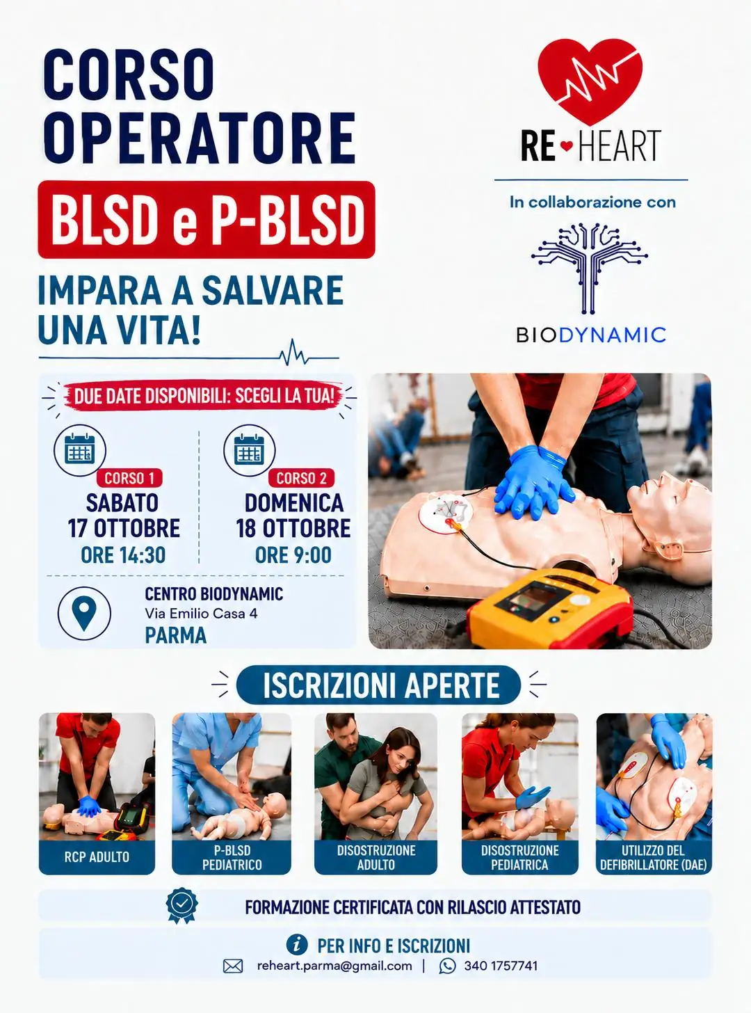 Corso BLSD e PBLSD 17 e 18 Ottobre 2026 a Parma presso Centro Biodynamic